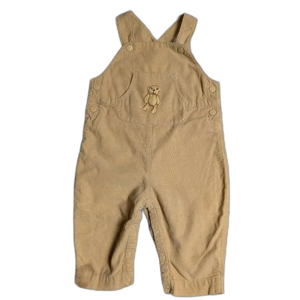 Vintage Tan Corduroy Overalls with Embroidered Teddy Bear 
